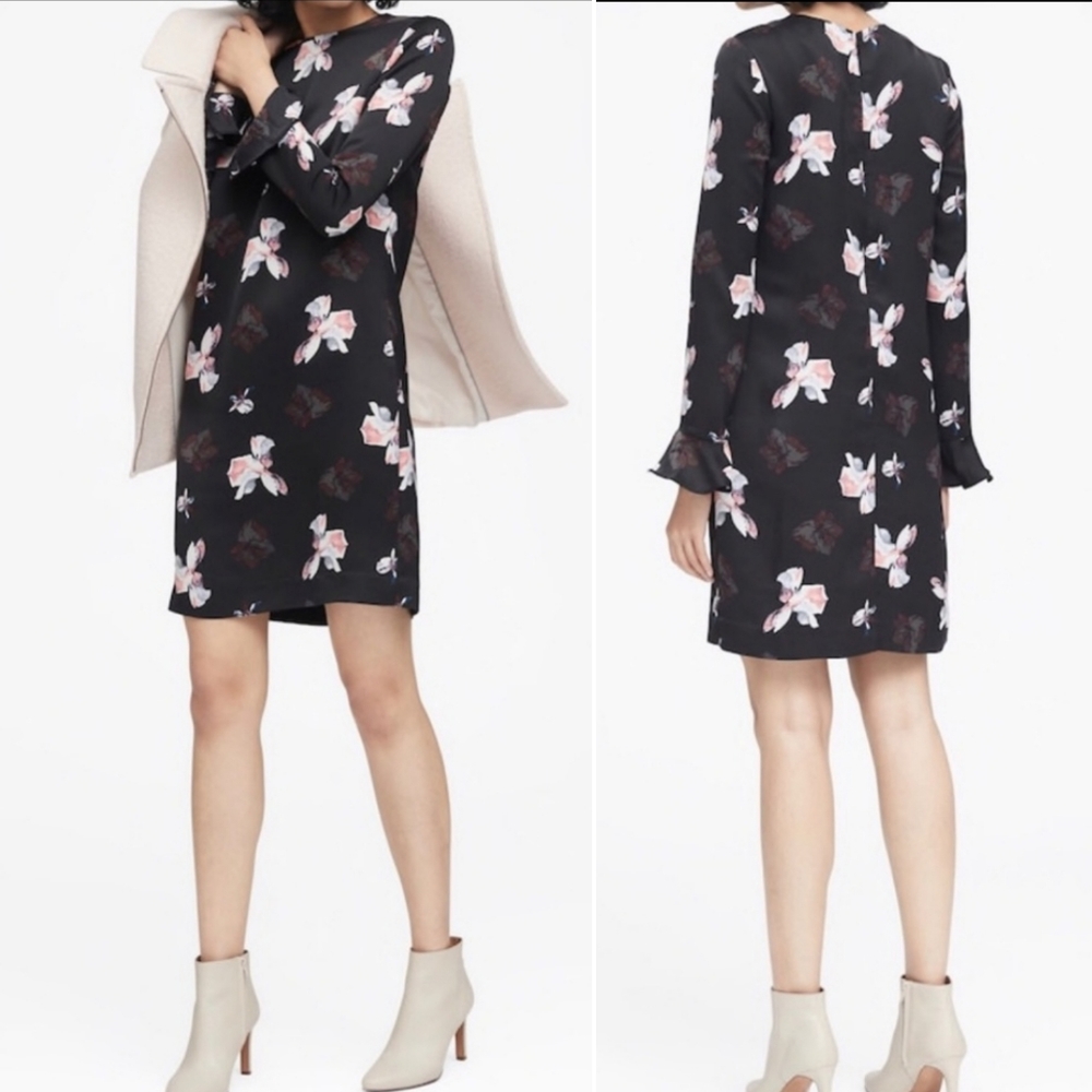 BANANA REPUBLIC Black Floral Ruffle Sheath G
